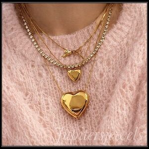NEW GOLD STEEL MEGA PUFF HEART STATEMENT NECKLACE PENDANT